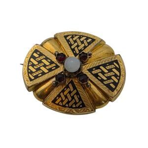 Vintage Mourning Style Brooch Pendant Black Enamel Garnet Gold